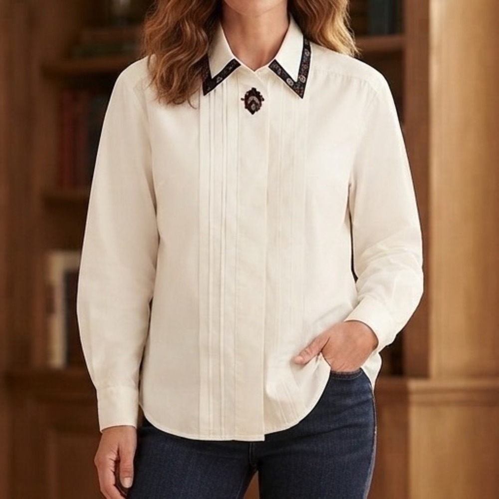 David Brooks Vintage White Cotton Pleated Embroidered Collar Blouse Top Size 14